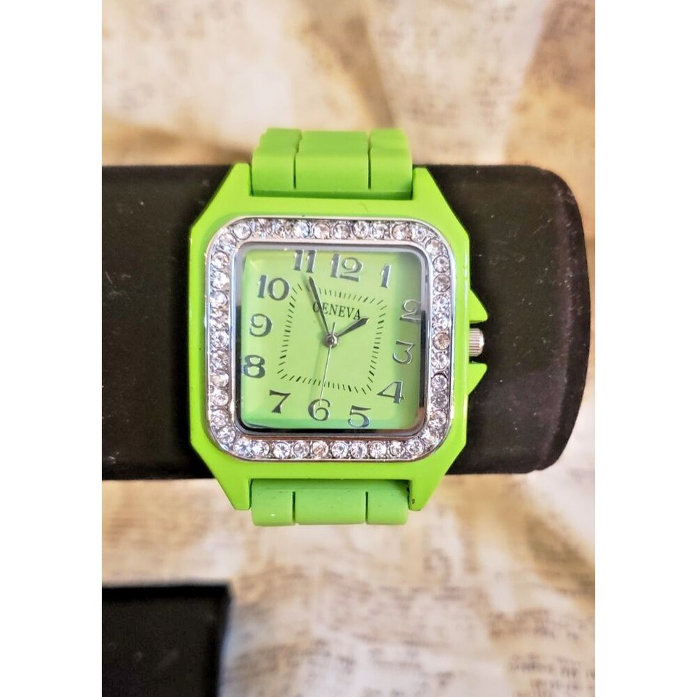 Fun, Quirky, Whimsical - Geneva Watch - Green Jelly Band and Rhinestone Bezel